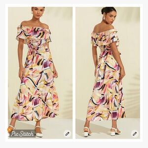 Ador Satin Printed Off Shoulder Belted Maxi Dress